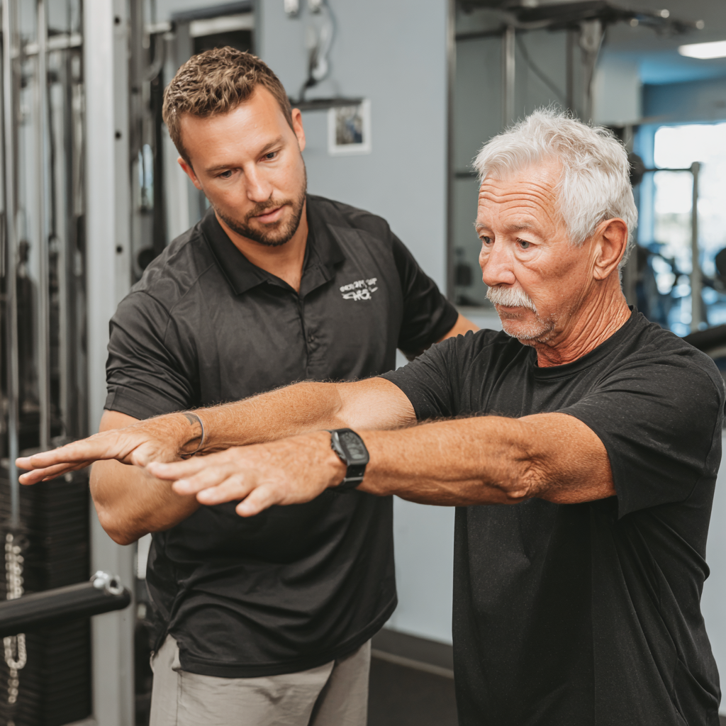Experienced trainer guiding mature adult through proper exercise form